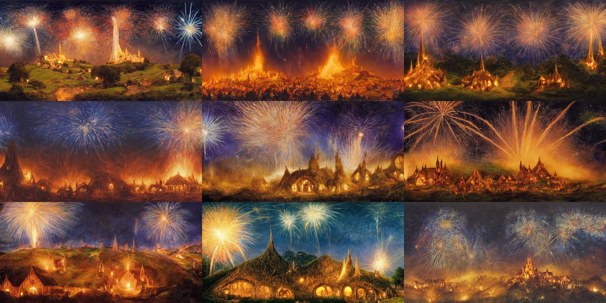 Prompt: hobbiton at night, fireworks explode in the sky above bag end and the party tree, by alan lee, intricate, firework smoke trails, artstation, oil painting.