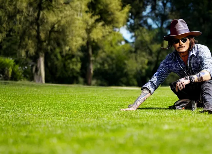 Prompt: photo still of johnny depp touching grass, 8 k, sunny day in a park