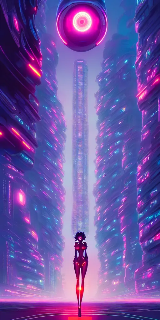 Image similar to hyper detailed ultra sharp of a beautiful woman robot, futuristic city with neon lights in the background, sky sended by god. behance hd by jesper ejsing, by rhads, makoto shinkai and lois van baarle, ilya kuvshinov, rossdraws radiating a glowing aura global illumination ray tracing hdr, 8 k