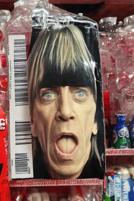 Prompt: a plastic bottle of cola with iggy pop's face on the label, sitting on a store shelf