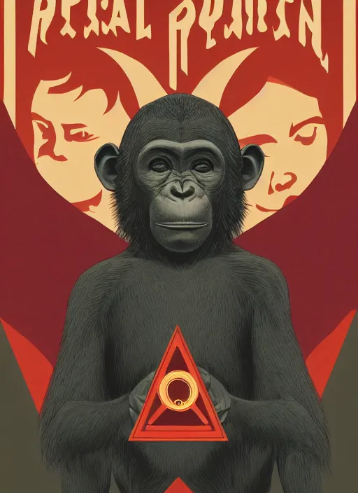 Prompt: Twin Peaks movie poster artwork by Michael Whelan and Tomer Hanuka, Rendering of a chimpanzee being hypnotized by looking at masonic and kabbalistic symbols, from a scene from Twin Peaks, clean, full of detail, Matte painting, trending on artstation and unreal engine