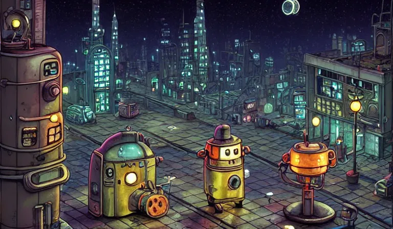 Image similar to fantasycore street view of 1950s machinarium cityscape at night by michael whelan and naomi okubo and dan mumford. cute 1950s robots. cel-shaded. glossy painting.