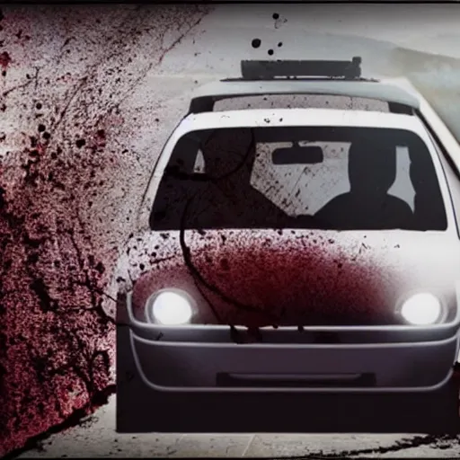Prompt: a car eating a human. Still from A24 horror film