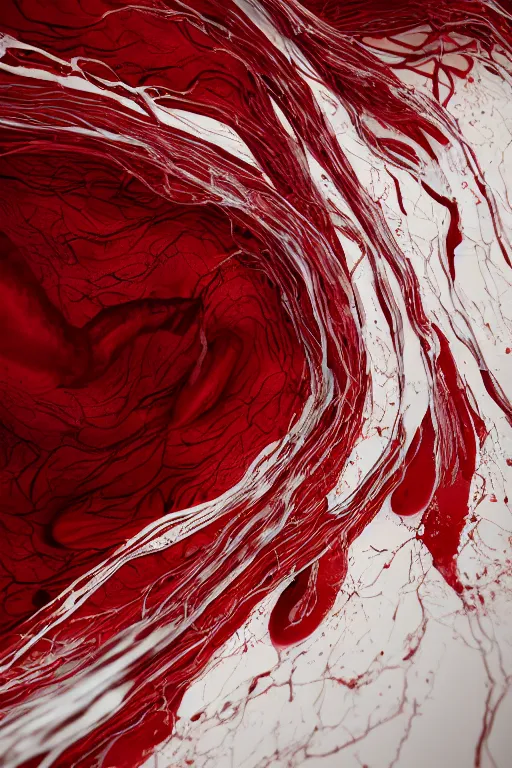 Image similar to swirling organic liquids mixing together, extremly detailed, organism, veins, red and white, intrinsec details, dramatic light, octane render, realistic