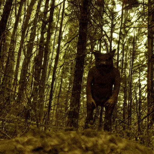 Prompt: A bipedal monster in a northern forest. Trail cam, grainy, at night.