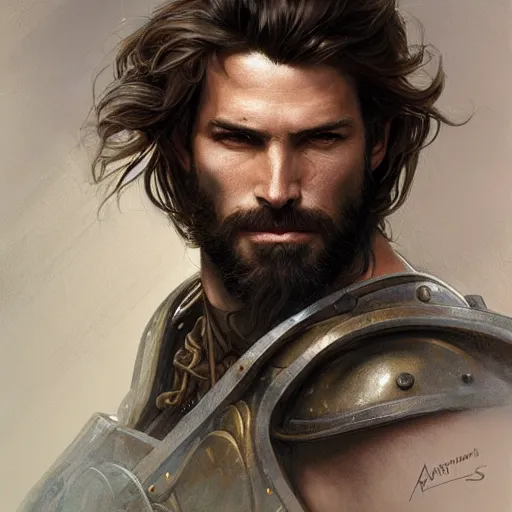 Image similar to portrait of a ruggedly handsome paladin, soft hair, muscular, half body, leather, hairy, d & d, fantasy, intricate, elegant, highly detailed, digital painting, artstation, concept art, smooth, sharp focus, illustration, art by artgerm and greg rutkowski and alphonse mucha