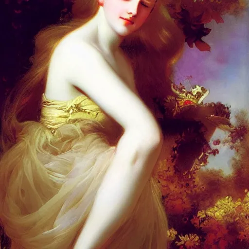 Image similar to blonde beautiful sleeping princess by Franz Xaver Winterhalter and Delphin Enjolras and Rebecca Guay