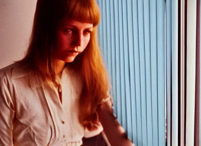 Image similar to close-up color film photography 1970s, long shot, young ginger woman in office with the shadow of the blinds on her face, soft focus, golden hour, soft light, 35mm, film photo, Joel Meyerowitz