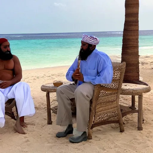 Prompt: osama bin ladan hanging out with george w bush jr hitting the bong on a beautiful sunny day on the beach in the middle of mexico