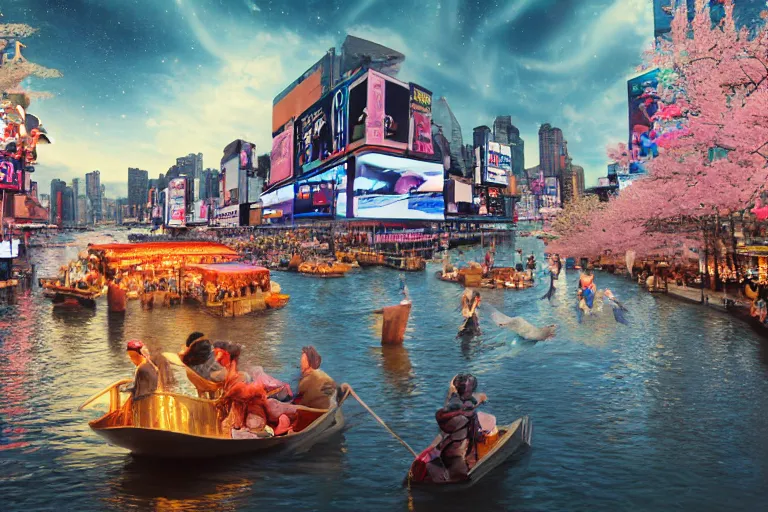 Image similar to floating markets of times square river in kyoto kamo gold river during sakura season on thermal waters flowing down gold travertine terraces during interstellar aurora borealis, royal blue waterfalls, vendors, festivals, fun, by peter mohrbacher, james jean, james gilleard, greg rutkowski, vincent di fate, rule of thirds, octane render, beautiful landscape