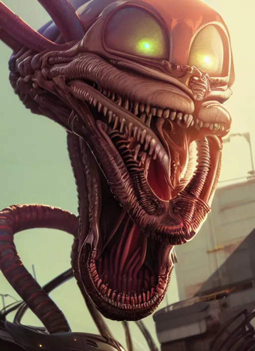 Image similar to highly detailed portrait of xenomorph in gta v, stephen bliss, unreal engine, greg rutkowski, loish, rhads, beeple, makoto shinkai and lois van baarle, ilya kuvshinov, rossdraws, tom bagshaw, alphonse mucha, global illumination, god rays, detailed and intricate environment