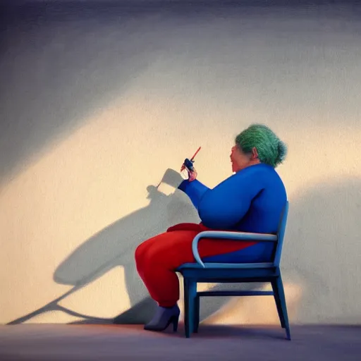 Prompt: a very beautiful cinematic hyper realistic painting scene. polaroid photograph. a sweet fat old woman is painting a shadow on the wall. very stylized. 4 k. wide angle. wild movements. 3 d. symmetrical face, red mouth, blue eyes. deep focus, lovely scene. arnold maya render. concept art. unreal engine