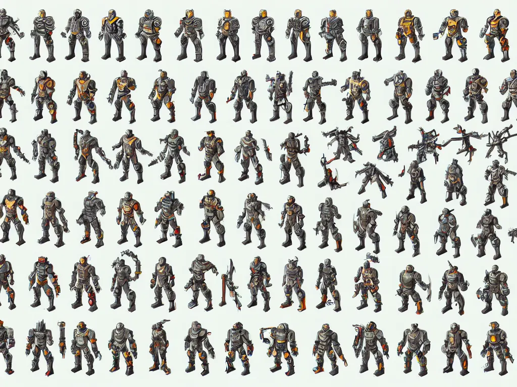 Prompt: isometric character sprite sheet of fallout power armor, rotated left right front back, in gouache detailed paintings, props, stylized, 2 d sprites asset sheet, kitbash, arcane, overwatch, many color scheme, 8 k, close up, white background