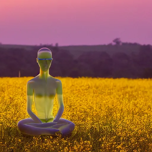 Prompt: a faceless human made of translucent glass sits within a wildflower meadow at sunset, in the style of sorayama