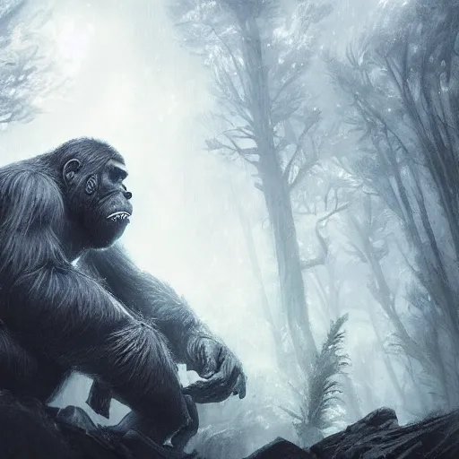 Image similar to King Kong in the forest in the storm, fantasy art, in the style of greg rutkowski, illustration, epic, fantasy, intricate, hyper detailed, artstation, concept art, smooth, sharp focus, ray tracing