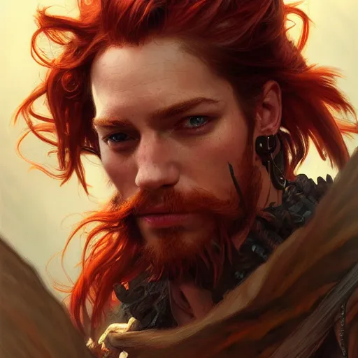 Prompt: portrait of a young rugged pirate, upper body, red hair, long hair, D&D, fantasy, intricate, elegant, highly detailed, digital painting, artstation, concept art, matte, sharp focus, illustration, art by Artgerm and Greg Rutkowski and Alphonse Mucha