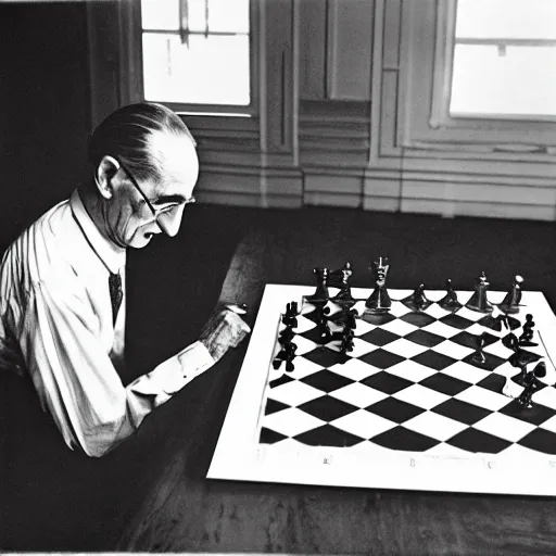 Image similar to a long exposure shot of Marcel Duchamp working on a chess readymade object, archival pigment print