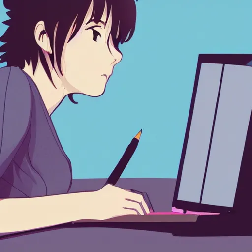 Image similar to a beautiful side view portrait of lofi girl sitting on her desktop writing something, digital art, anime, studio ghibli style