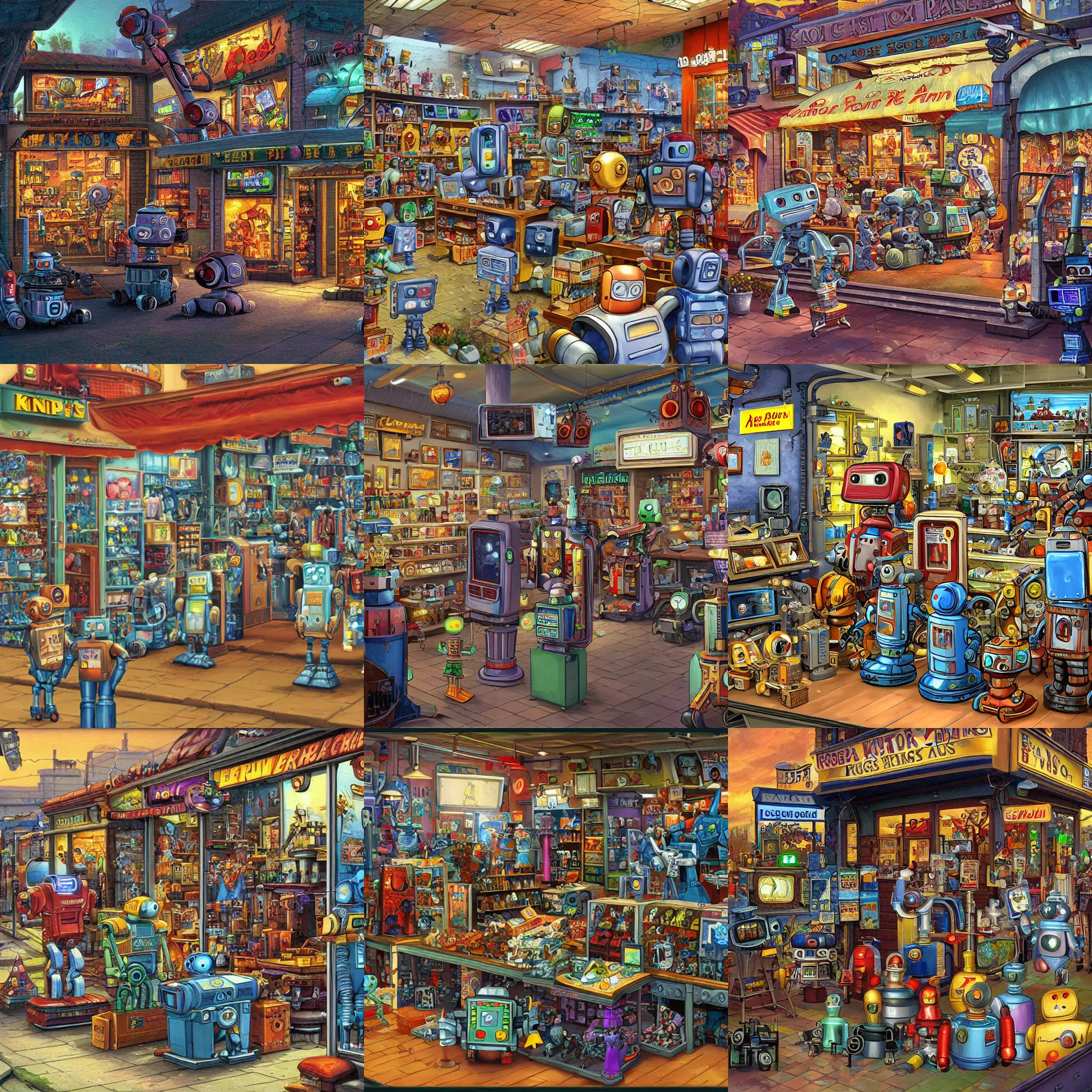 Prompt: a store selling robots and robot parts, from a lucasarts point and click 2 d graphic adventure game, art inspired by thomas kinkade