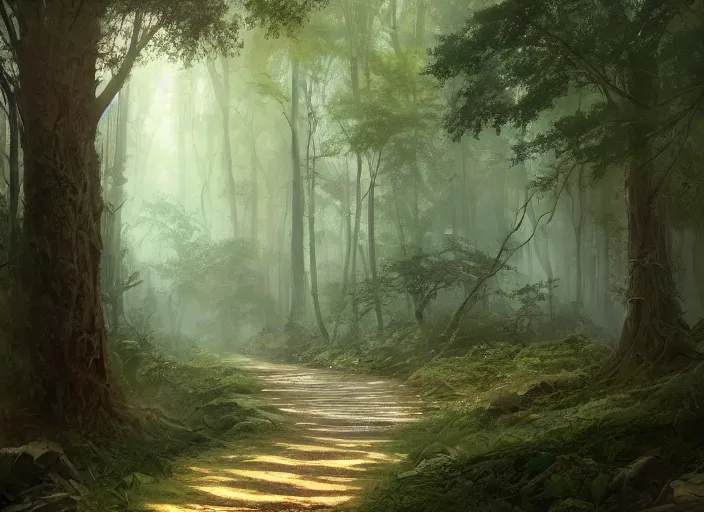 Image similar to a beautiful pathway in a forest, lush trees, a fantasy digital painting by greg rutkowski and james gurney, trending on artstation, highly detailed