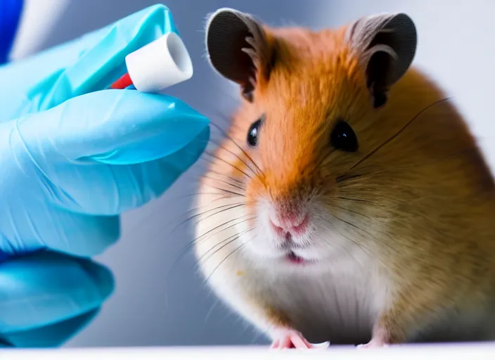 Image similar to film still of a hamster working in a research lab filling test tubes, 8 k