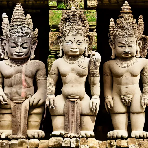 Image similar to angkor tom, asuras giant yaksha statues, epic, full body standing, photography hight quality, sharp, stones, award winning photography, canon, thierry rouzier