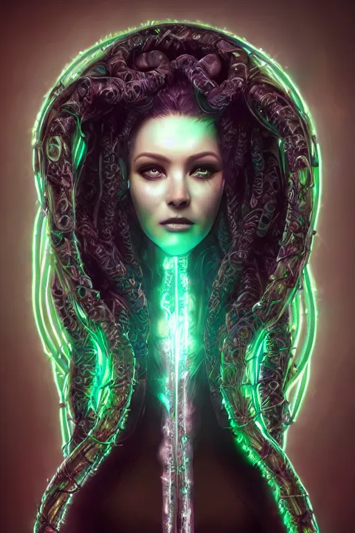 Image similar to A perfectly-centered ultradetailed realistic RPG cosplay airbrushed digital art portrait-illustration of a beautiful symmetrical lovecraftian Medusa wearing a cyberpunk suit and reflective neon-noir armor with modesty, standing next to bioluminiscent otherworldly sci-fi towers, epic poster art, 3D rim light, octane render, artstationHQ.