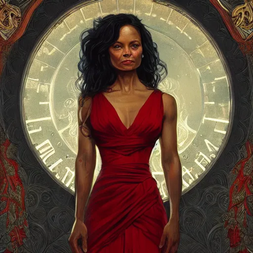 Image similar to full figure ultra realistic illustration, thandie newton wearing a maiden red dress, black wavy hair, old west, intricate, elegant, highly detailed, digital painting, artstation, concept art, smooth, sharp focus, illustration, art by artgerm and greg rutkowski and alphonse mucha