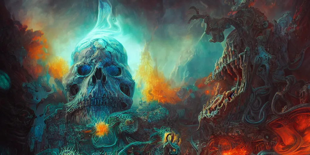 Image similar to gigantic demonic cosmic skull of death and fire, outer space, fantasy painting, ultra realistic, dmt, symmetrical, wide angle, intricate details, digital painting, rainbowshift, vivid colors, highly detailed by peter mohrbacher, h. r. giger, maxfield parrish, craig mullins, octane render, cgi