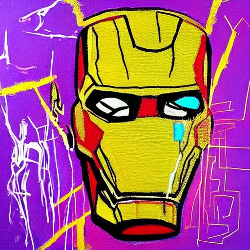 Image similar to “intricate painting of iron man holding the infinity stones, in the style of Basquiat”