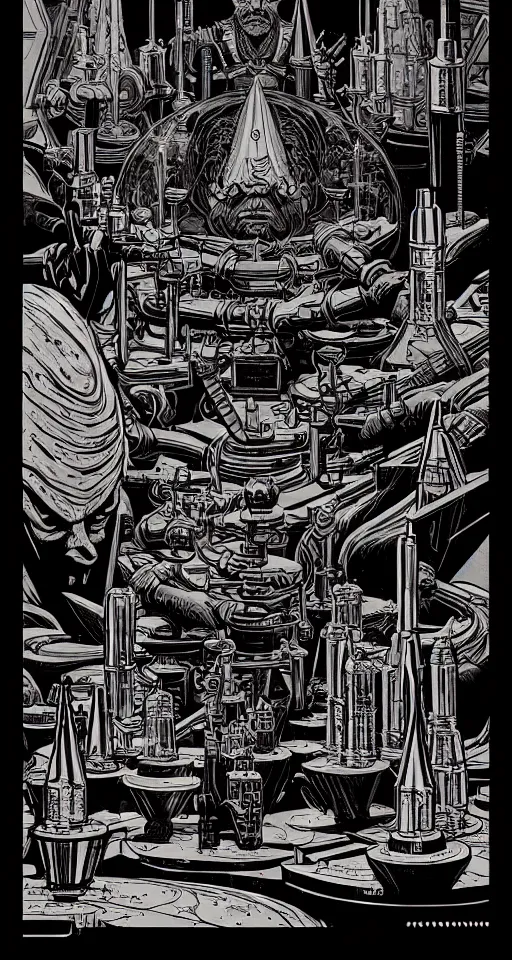 Image similar to ancient alchemist wizards laboratory, high details, lineart, by vincent di fate, inking, 3 color screen print, masterpiece, trending on artstation, sharp, high contrast, hyper - detailed, hd, 4 k, 8 k