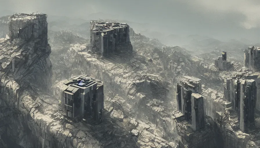 Image similar to big brutalist base on cliffs, artificial intelligence, jama jurabaev, greig fraser, roger deakins, cinematic shot, trending on artstation, high quality, brush stroke