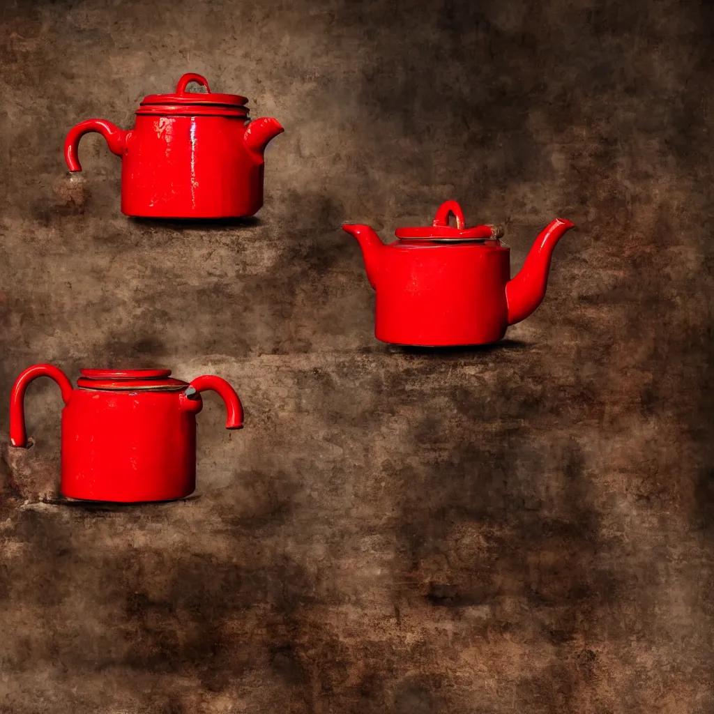 Prompt: red enamel teapot heating up on a shiny stove, stream, photorealistic, professional photograph, DSLR, studio, deep focus, very sbarp, Rembrandt lighting, photo by Joe Glyda