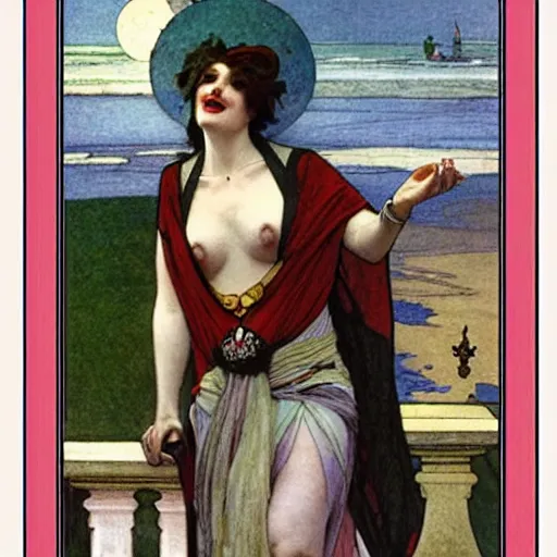 Image similar to Jester on the front of a Balustrade with a beach on the background, major arcana cards, by paul delaroche and alphonse mucha, hyperrealistic 8k, very detailed