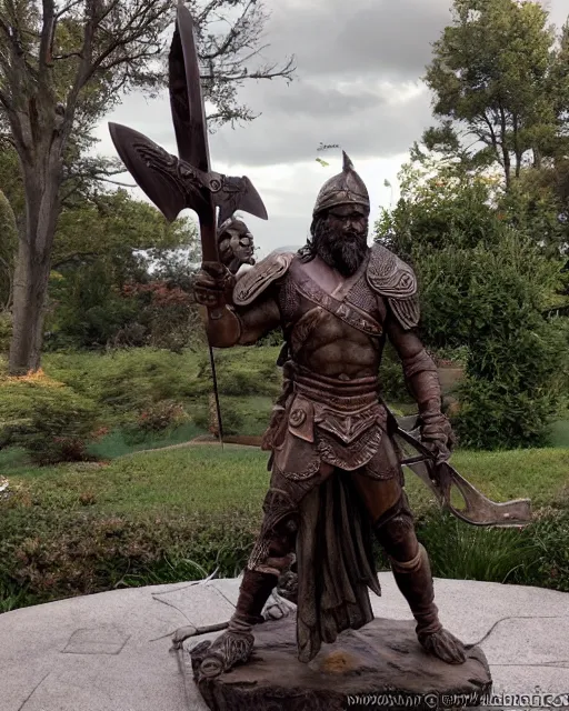 Prompt: a huge bronze statue of a spartanburg warrior holding his spear and shield, god of war, fantasy landscape, photorealistic, atmospheric