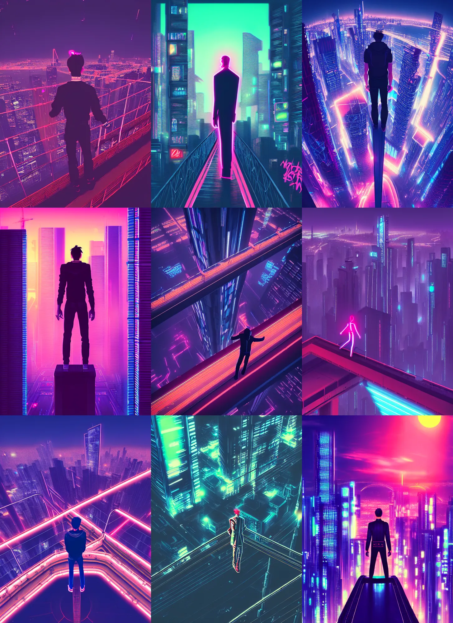 Prompt: a man standing on top of a bridge over a city, cyberpunk art by vincent lefevre, behance contest winner, top angle, altermodern, cityscape, synthwave, anime asthetic, neon lights, matte painting, acid pixie