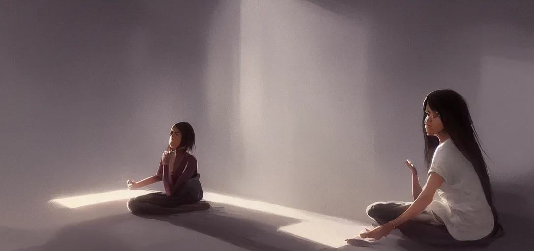 Image similar to Young Himalayan woman sitting concerned in an empty room with loneliness using psychic powers to make a lighter float| night time scene, plain walls |somber white eyes, long messy hair | gentle lighting, futuristic, dim lighting, digital art by Makoto Shinkai ilya kuvshinov and Wojtek Fus, digital art, concept art,