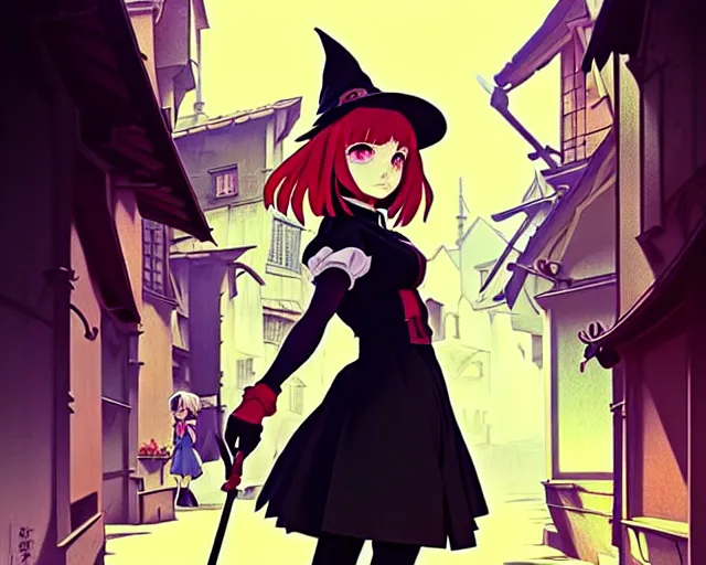 Image similar to ilya kuvshinov, cel shading, moody, key anime visual portrait of a young female witch walking through a busy medieval village, dynamic pose, dynamic perspective, cinematic, dramatic lighting, muted colors, detailed silhouette, textured, anime proportions, alphonse mucha, perfect anime face, kyoani, yoh yoshinari, takashi murakami