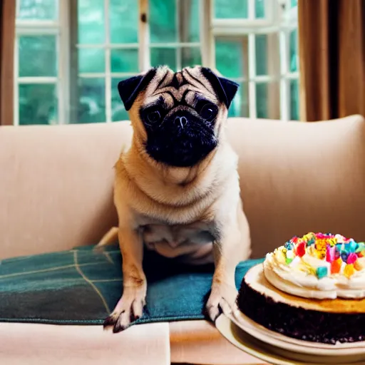 Prompt: Pug Dog sitting on a sofa eating cake