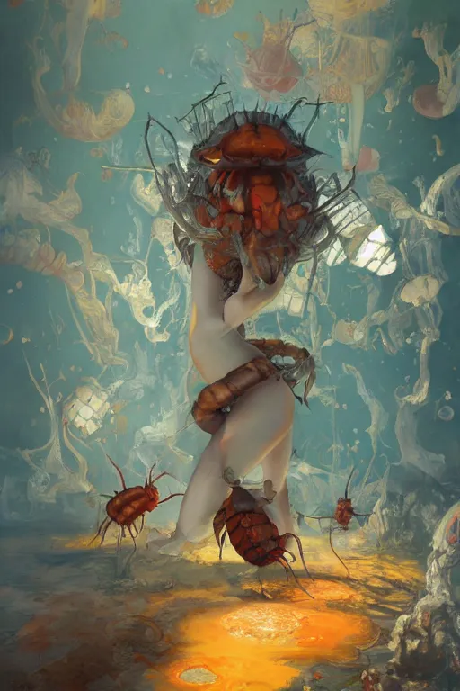 Prompt: surreal gouache painting, by yoshitaka amano, by ruan jia, by Conrad roset, by good smile company, detailed anime 3d render of big cockroach and cockroach amber eggs, portrait, cgsociety, artstation, rococo mechanical and Digital and electronic, dieselpunk atmosphere