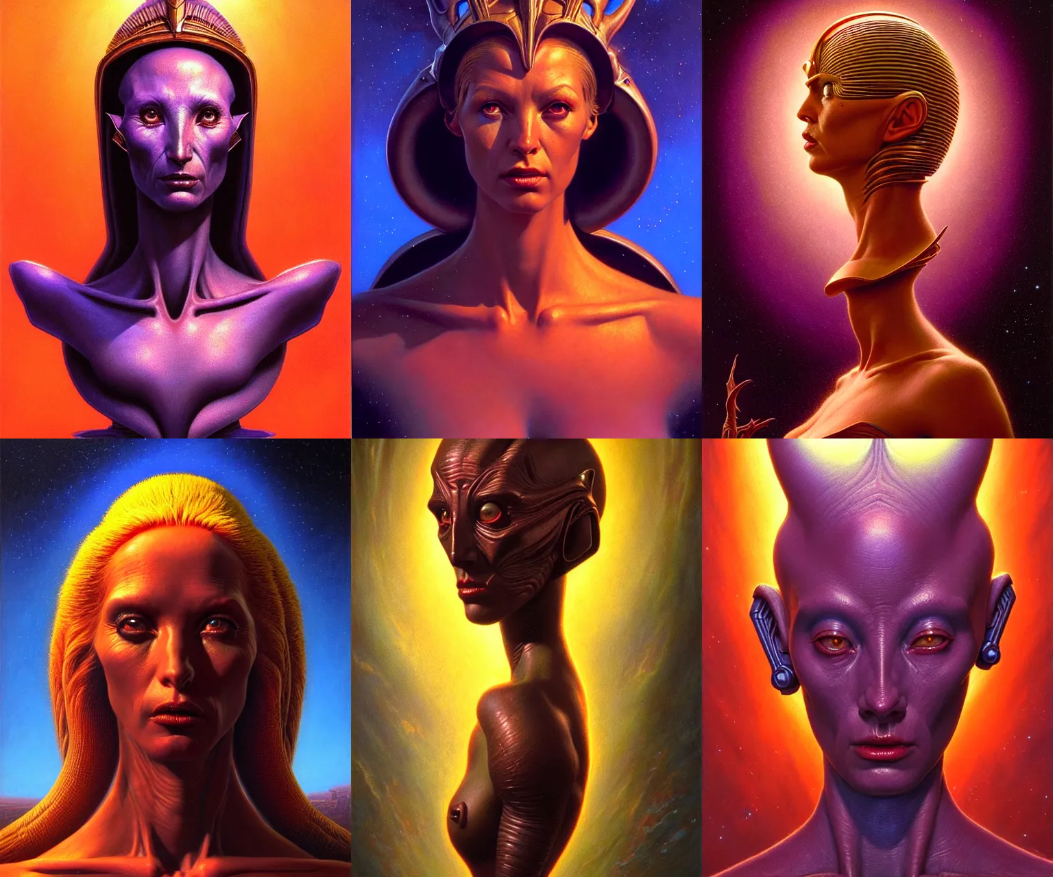 Prompt: cinematic bust portrait of beautiful female extraterrestrial queen, head and chest only, exotic alien features, Tim Hildebrandt, Wayne Barlowe, Bruce Pennington, donato giancola, ralph horsley, oil on canvas, masterpiece, trending on artstation, featured on pixiv, cinematic composition, dramatic pose, beautiful lighting, sharp, details, hyper-detailed, HD, HDR, 4K, 8K