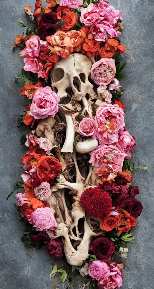 Image similar to Professional floral arrangement of human flesh, bones, rotten meat