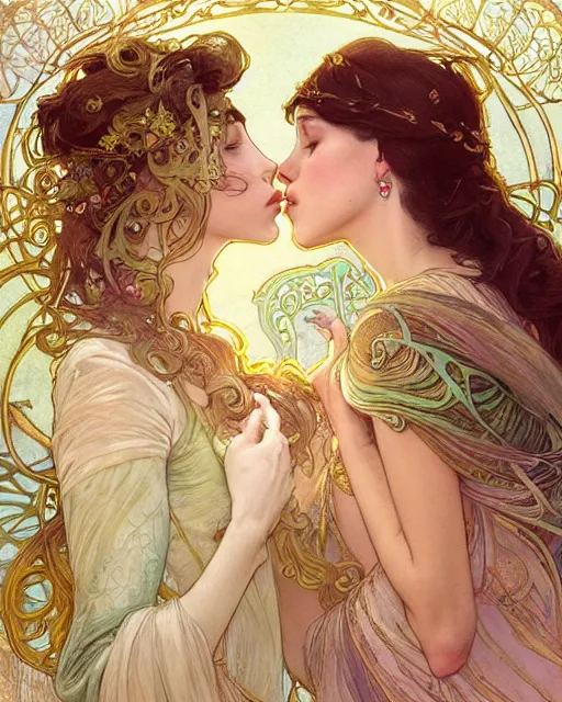 Image similar to the kiss | highly detailed | very intricate | art nouveau | gold filigree | romantic storybook fantasy | soft cinematic lighting | award - winning | disney concept art watercolor illustration by mandy jurgens and alphonse mucha and alena aenami | pastel color palette | featured on artstation