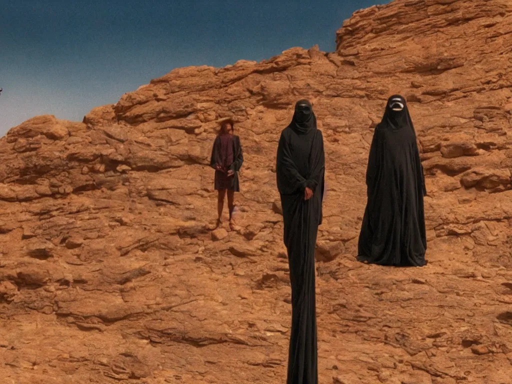 Prompt: levitating bene gesserit with full - face golden mask and glowing eyes in a dry rocky desert landscape, visible sky and sunny atmosphere, fata morgana giant mirrors, black hole in the sky by alejandro jodorowsky, anamorphic lens, kodakchrome, cinematic composition, practical effects, 8 k,