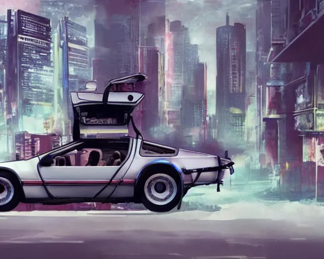 Image similar to doc brown and the delorean in an abandoned city, ghost in the shell vibes