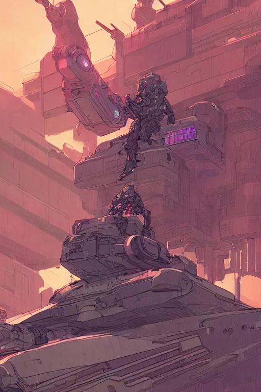 Image similar to comic book illustration, an android soldier sits on the turret of a futuristic tank, cyberpunk concept art by josan gonzales and Moebius, highly detailed, intricate, sci-fi, sharp focus, Trending on Artstation HQ, deviantart