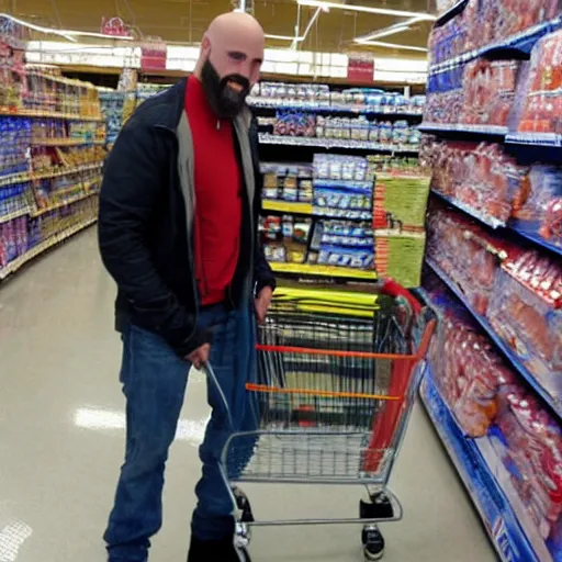 Image similar to kratos from god of war shopping at a walmart with walter white