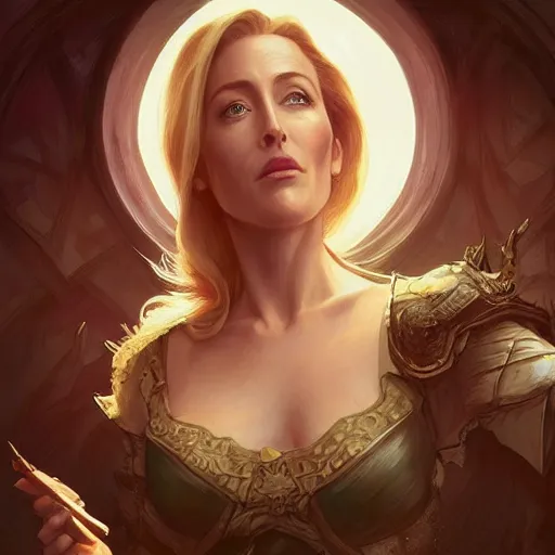 Image similar to gillian anderson, d & d, fantasy, intricate, elegant, highly detailed, digital painting, artstation, concept art, matte, sharp focus, illustration, hearthstone, art by artgerm and greg rutkowski and alphonse mucha