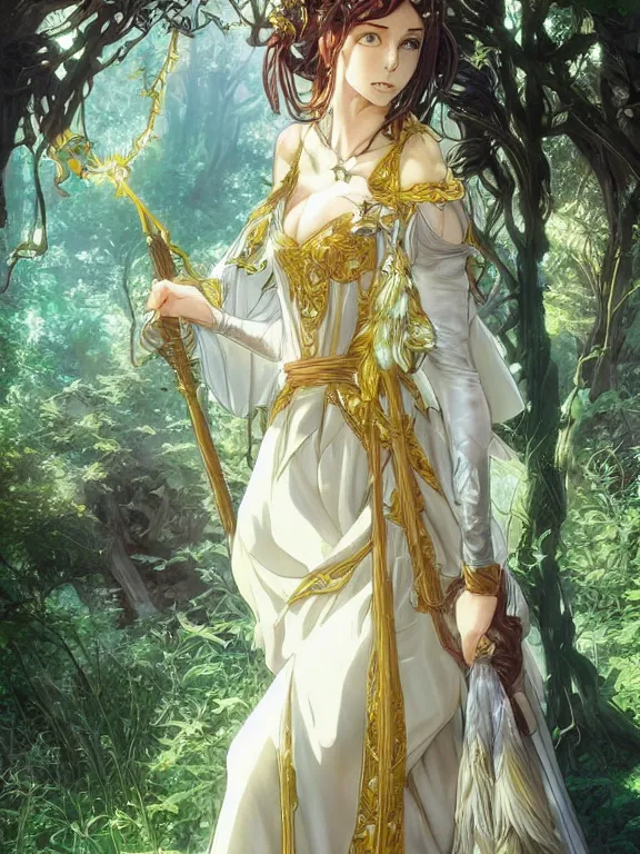 Image similar to anime key visual of amora the enchantress wearing a medieval gown!! intricate, magical forest, stunning, highly detailed, digital painting, artstation, smooth, hard focus, illustration, art by artgerm and greg rutkowski and alphonse mucha