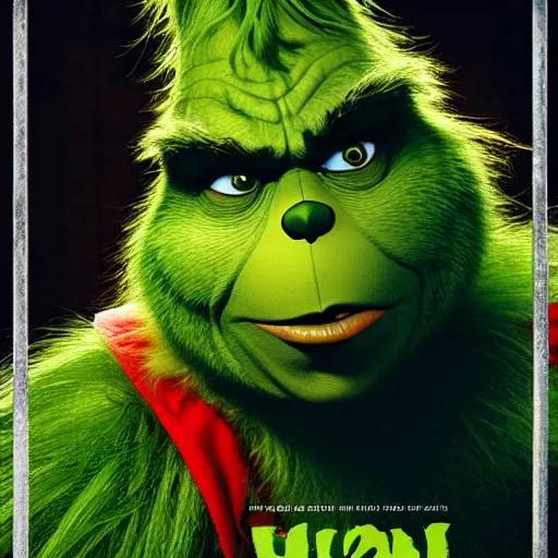 Prompt: The Grinch in maximum security prison behind bars, movie poster, indoors, highly detailed, portrait, 8k, smooth